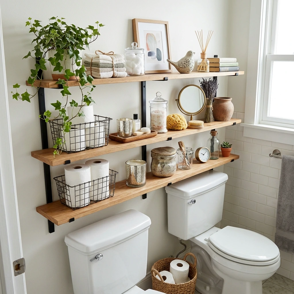 18 Bathroom Shelf Decor Ideas For Over The Toilet That Look Amazing