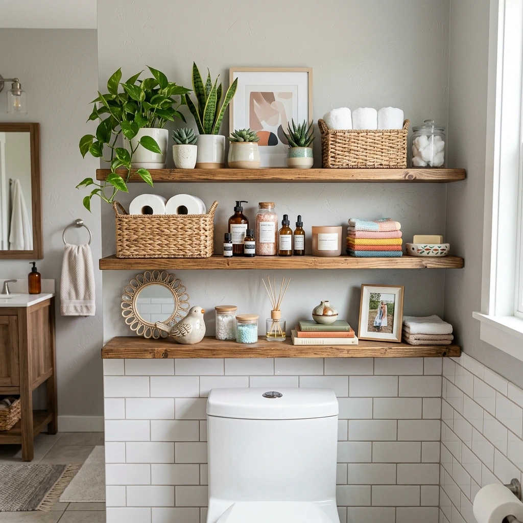 18 Bathroom Shelf Decor Ideas For Over The Toilet That Look Amazing