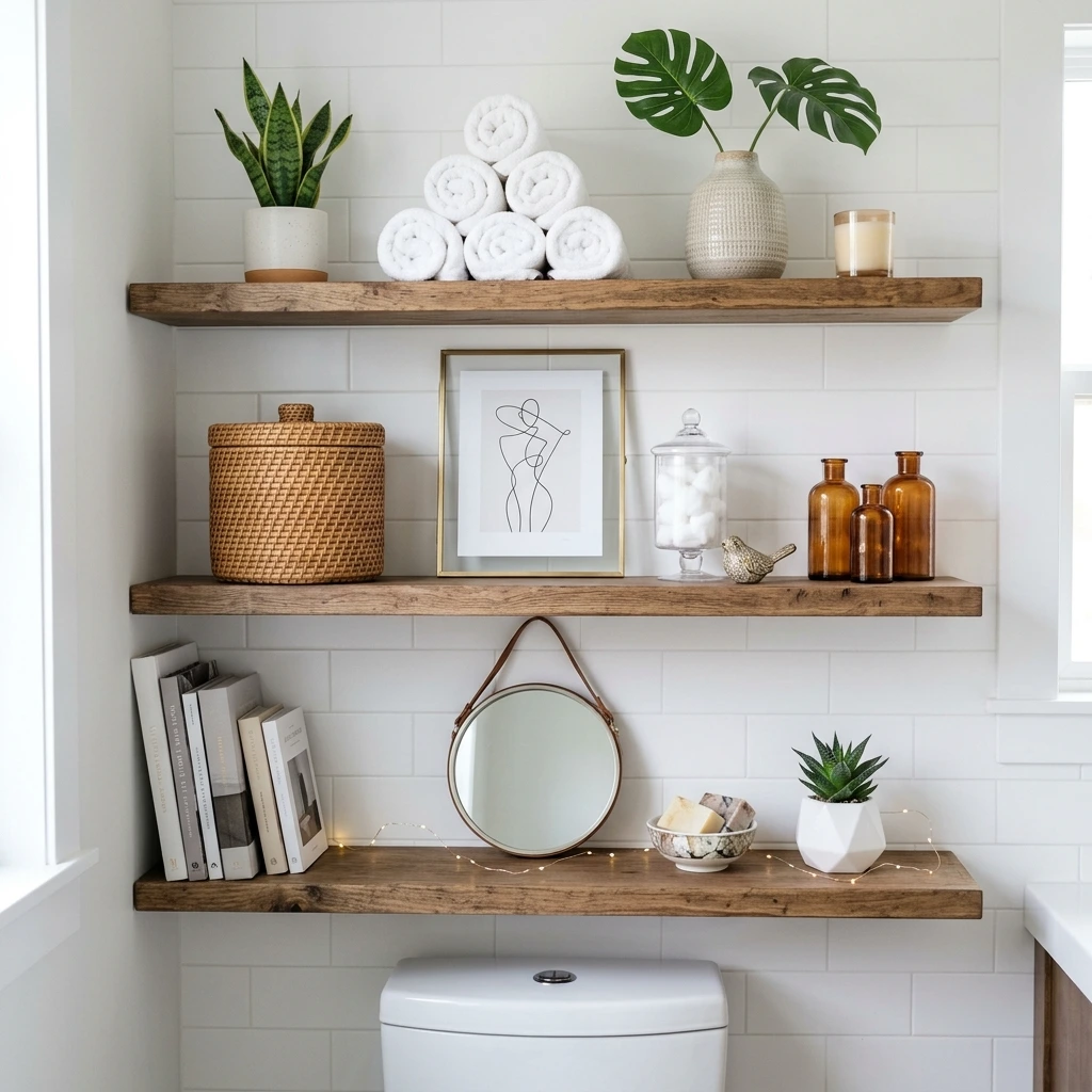 18 Bathroom Shelf Decor Ideas For Over The Toilet That Look Amazing